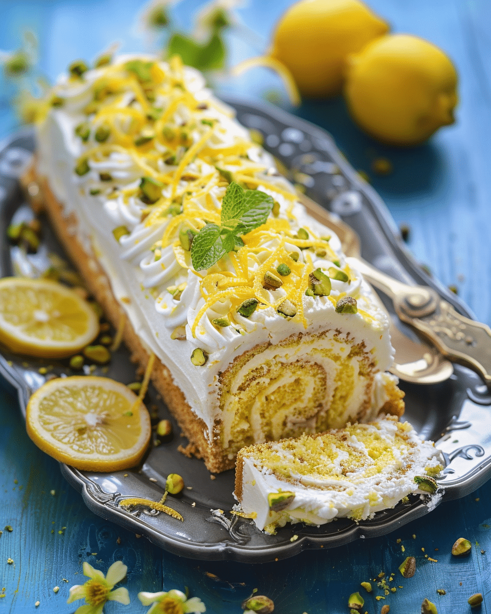 Lemon Pistachio Swiss Roll Cake