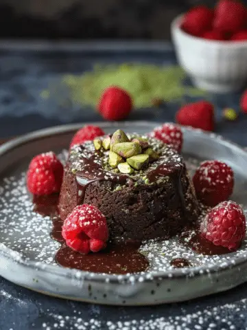 Matcha Chocolate Lava Cake with Pistachios & Raspberries