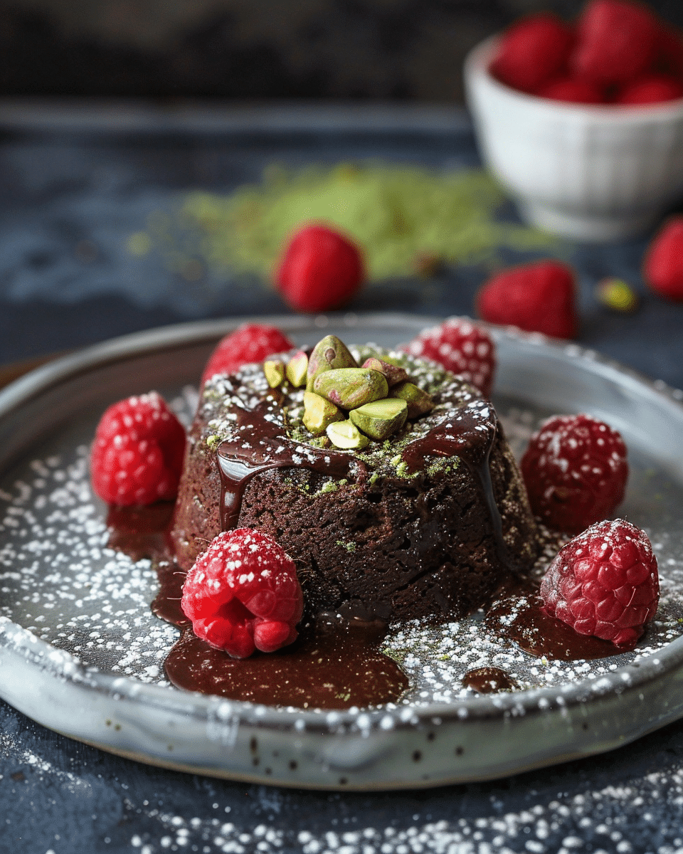 Matcha Chocolate Lava Cake with Pistachios & Raspberries