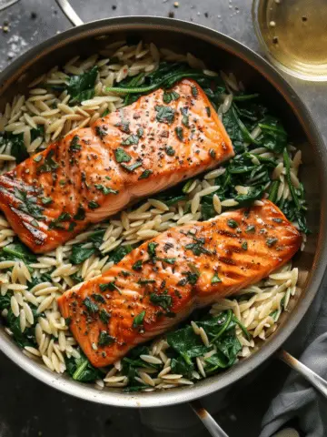 One Pan Salmon and Spinach Orzo
