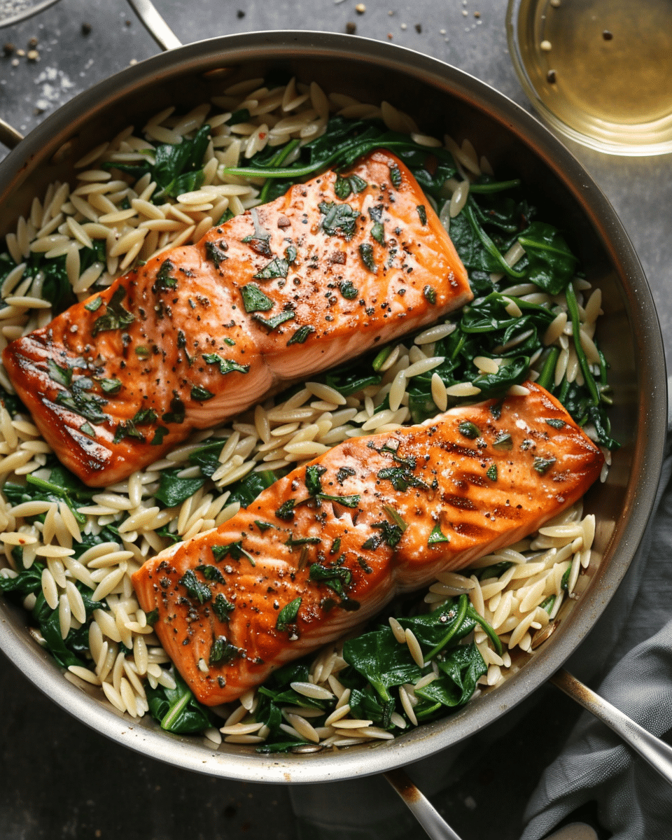 One Pan Salmon and Spinach Orzo