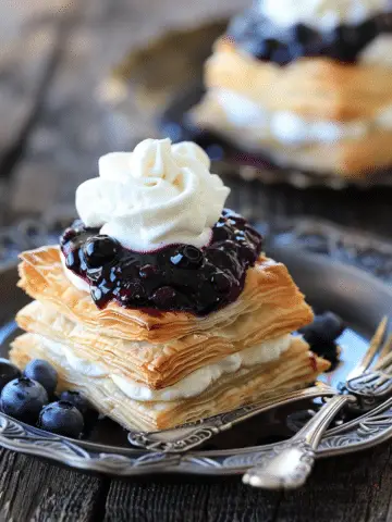 Puff Pastries with Mascarpone Whipped Cream and Blueberry Sauce
