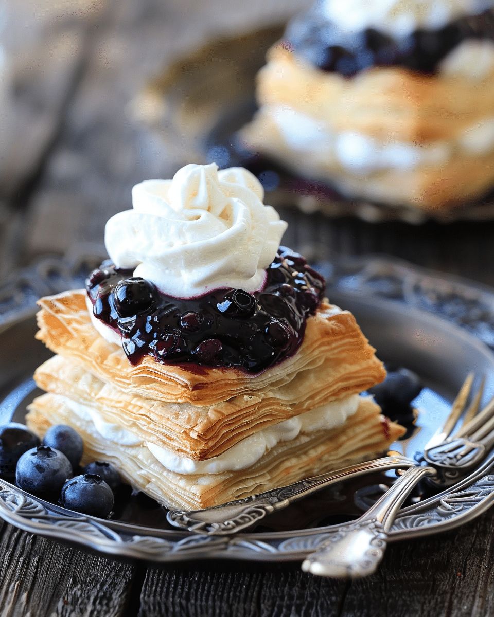 Puff Pastries with Mascarpone Whipped Cream and Blueberry Sauce