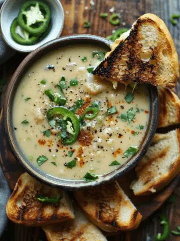 Spicy Jalapeño Popper Soup with Grilled Cheese Dippers