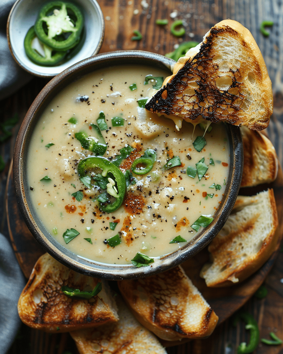 Spicy Jalapeño Popper Soup with Grilled Cheese Dippers