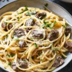 Garlic Butter Beef Spaghetti in Cheddar Cream Sauce