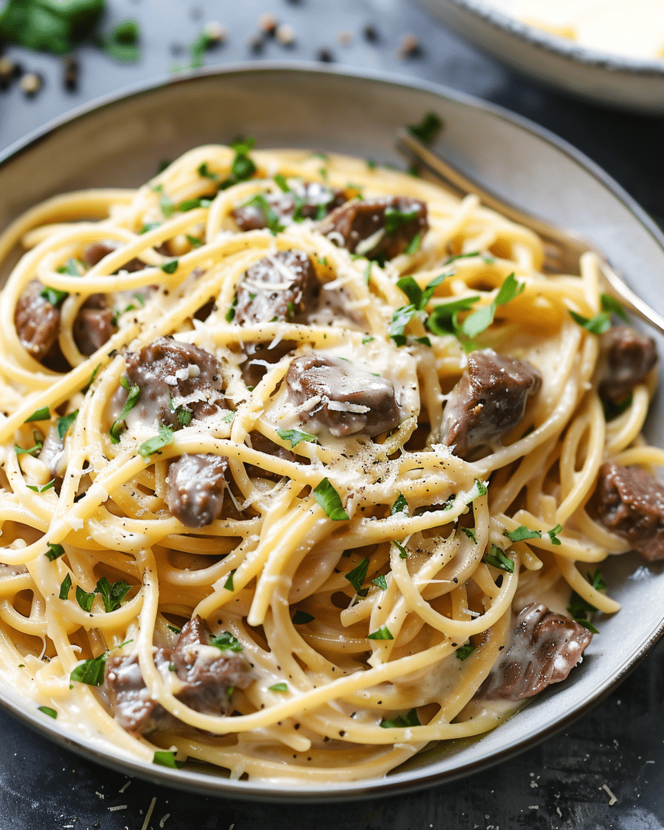 Garlic Butter Beef Spaghetti in Cheddar Cream Sauce