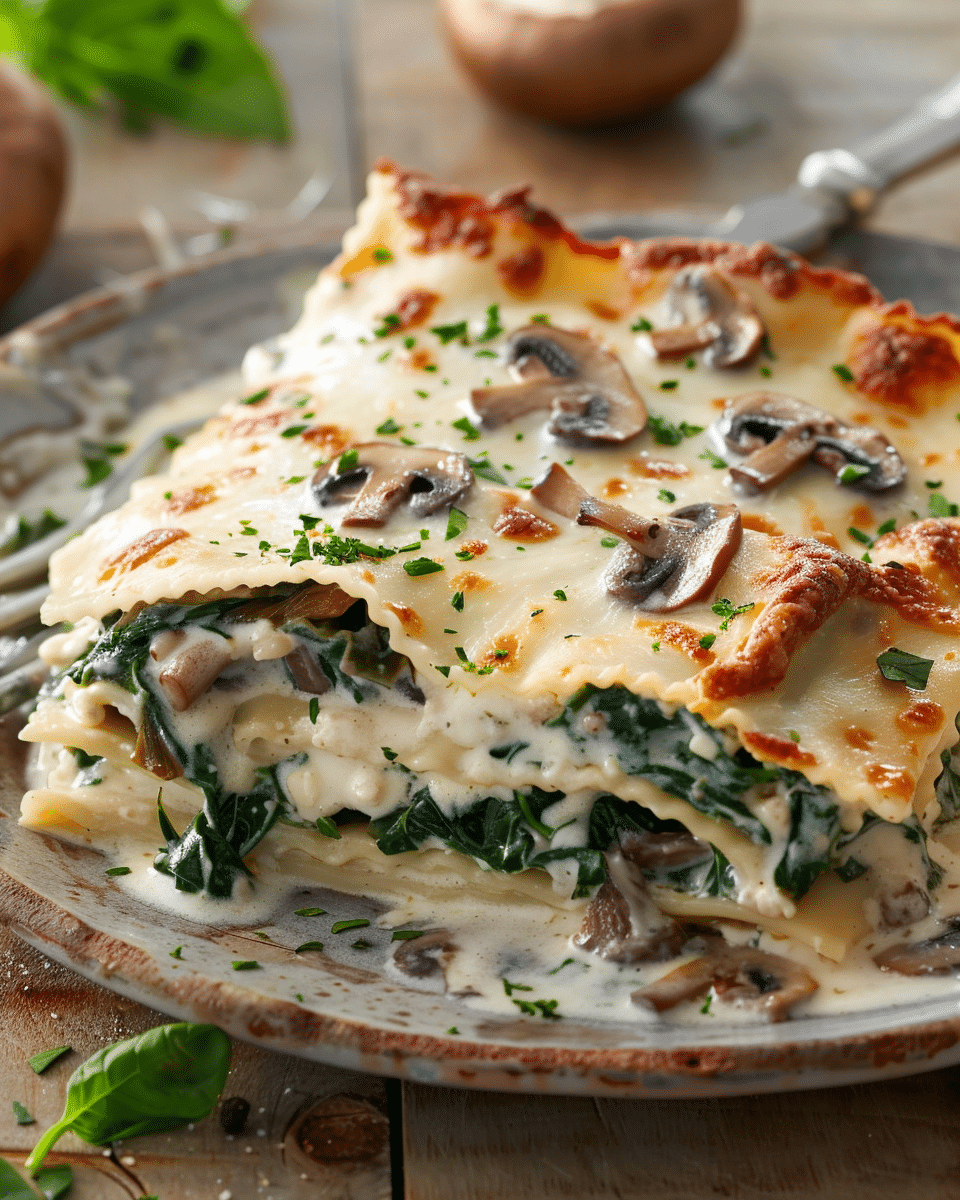 Easy Creamy Spinach Mushroom Lasagna