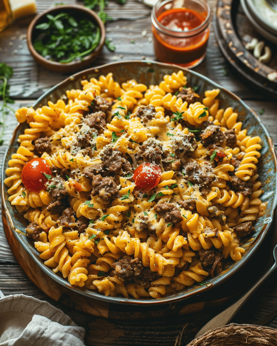 One Pot Cajun Beef and Cheddar Pasta