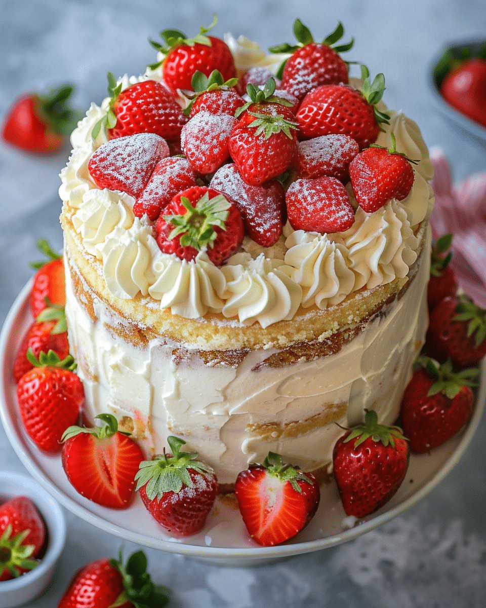 Strawberries and Cream Cheesecake Cake