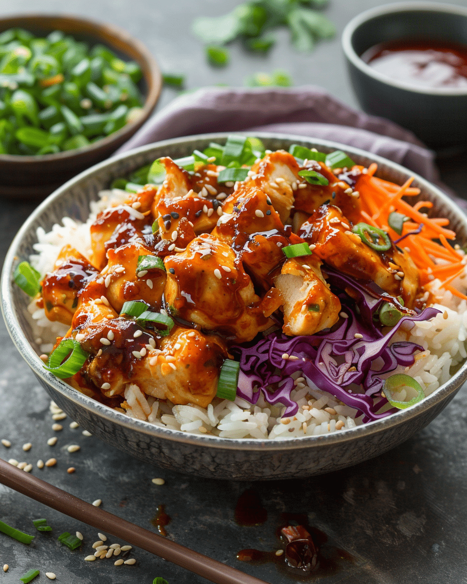 Spicy Chicken, Cabbage and Rice Bowls with Chili Garlic Sauce